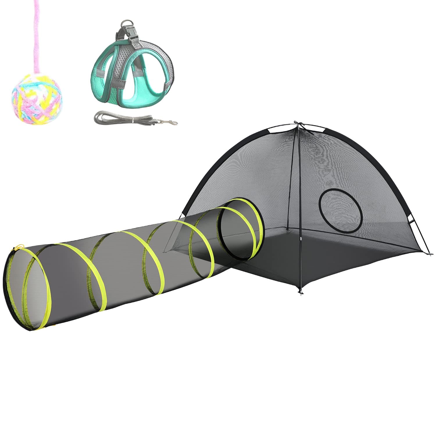 Outdoor Cat Enclosures Indoor, Portable Mesh Tent, Tunnel, Playhouse With Adjustable Harness and Leash for Walking, Colorful Tease Ball for Animals