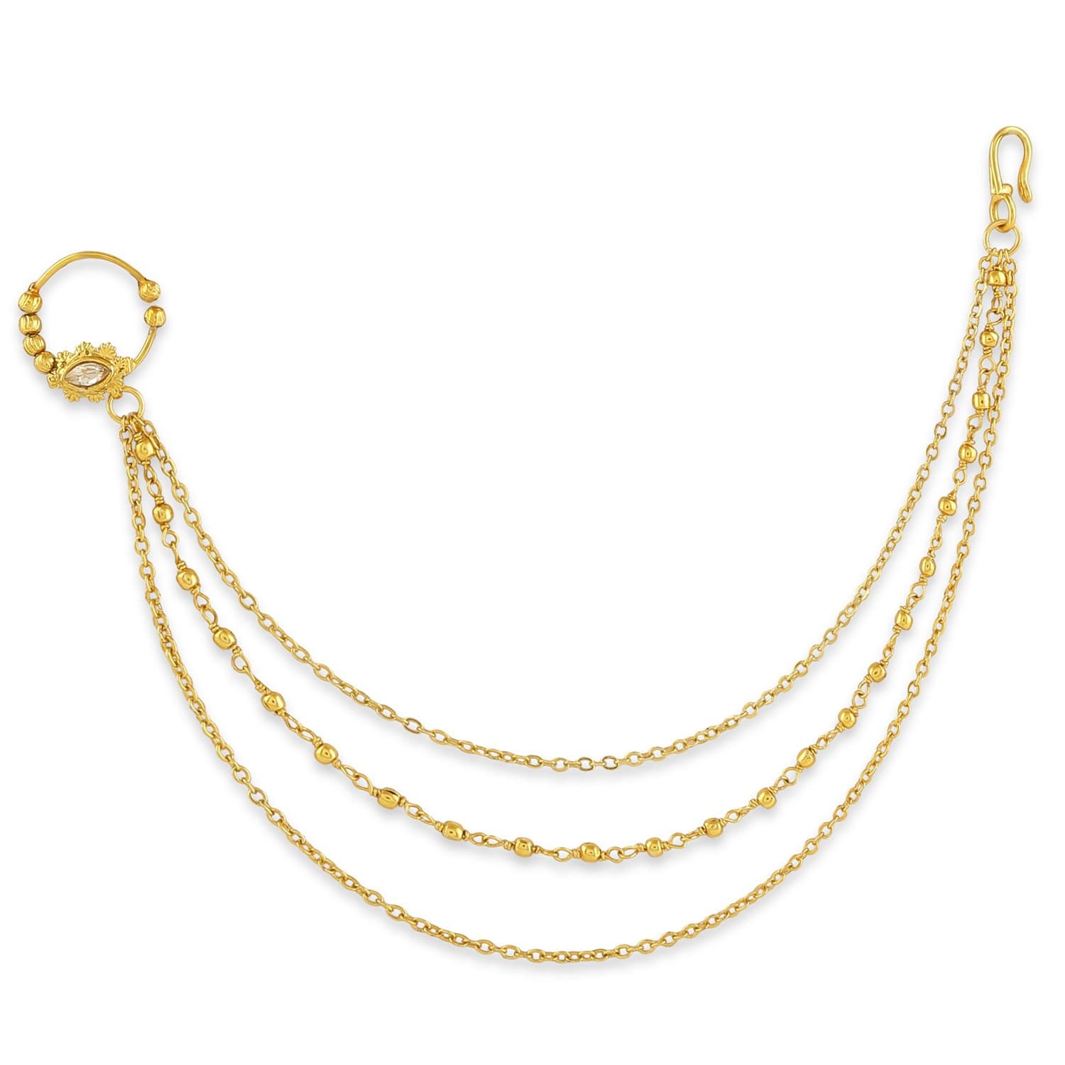 ACCESSHERGold Plated Traditional and Ethnic Delicate Clip On Non-Piercing Nose Ring with Multilayer Golden Beads Chains for Women and Girls Pack of 1