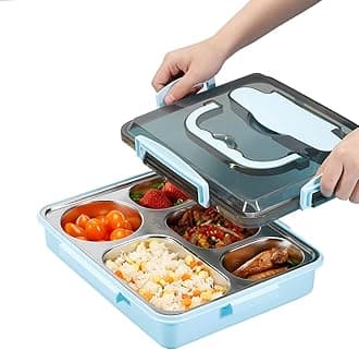 AIYoo 304 Stainless Steel Bento Lunch Boxes for Adults, 5 Sections Rectangular Divided Plates Tray Blue Reusable dinner Plate with Lid and Buckled for Adults Portion Control