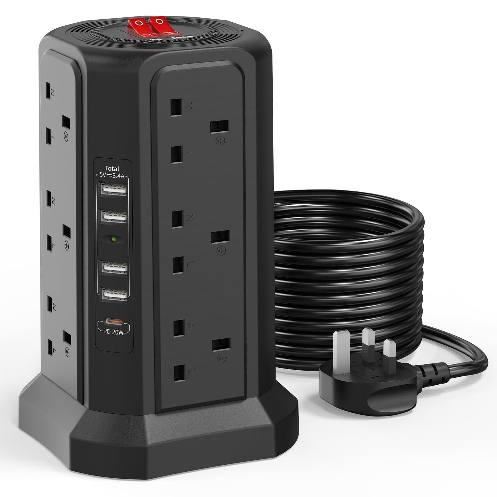 – Tower Extension Lead 5M with USB Slots and PD 20W USB C Fast Charger, (13A 3250W) 5 USB Ports and 12 Way Surge Protection Extension Tower, Black Extension Cable for Home, Office