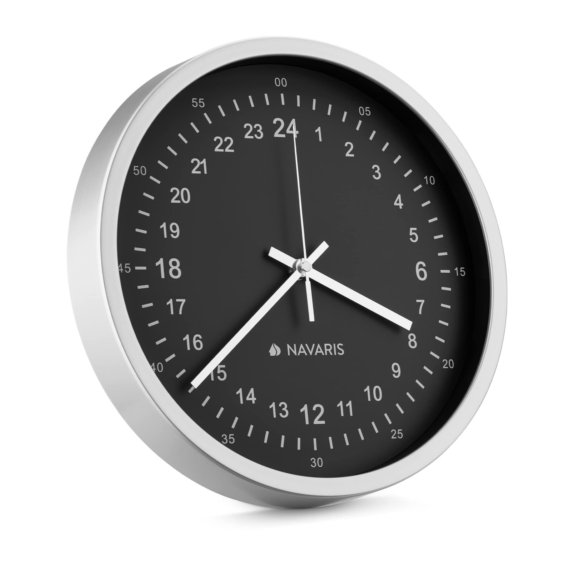 Navaris 24 Hour Analogue Wall Clock - 24 Hour Unusual Quirky Wall Clock with 24hr Analogue Display and Smooth Movement - Silver with Black Face