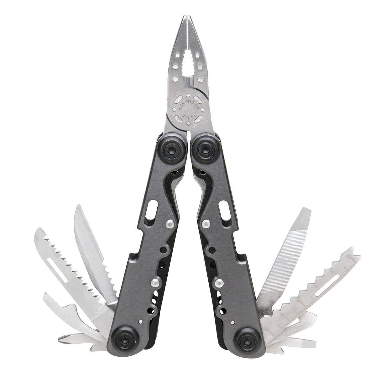 Multi-tool, 11-in-1 knife: screwdriver, saw, pliers, cutters, file, bottle/can opener