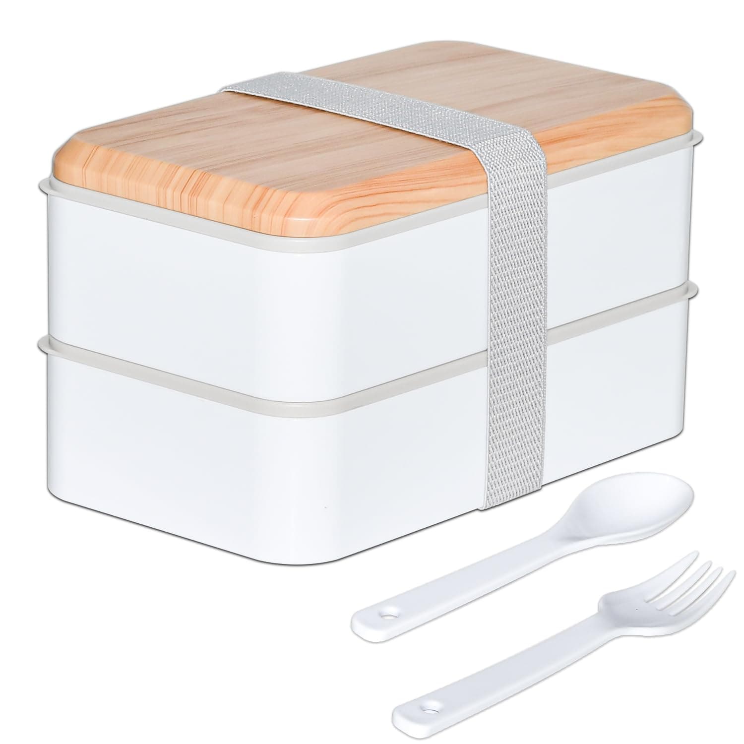 TopEsctLunch Box Stackable, Two-Tier Bento Box Safe for Microwave Dishwasher, 1400ML Lightweight Food Container with Cutlery for Adults Officer, Japanese Style, Rectangle White