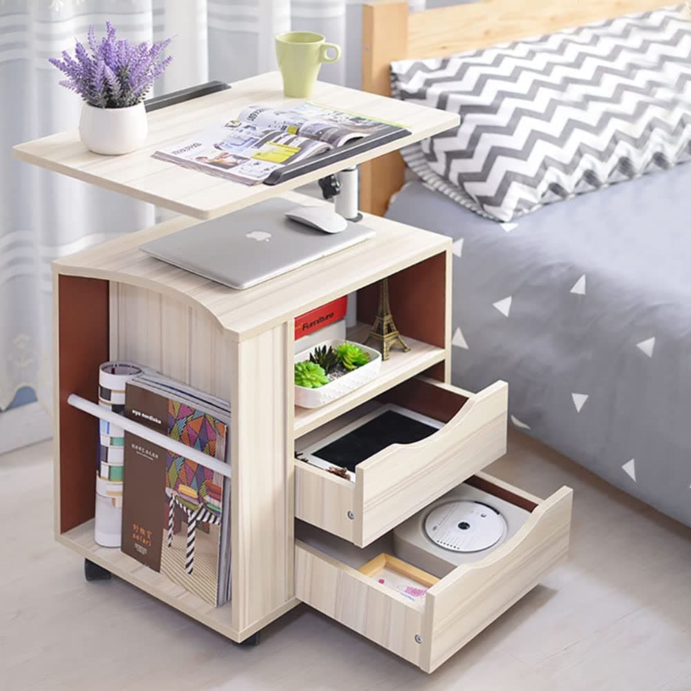Bedside Table, Wooden Nightstand with Wheels, Movable Laptop Desk, Multifunction Storage Cabinet Side Table with Lifting Swivel Tray and Drawers for Bedroom Living Room Bed Sofa Side, CT1 (Maple)