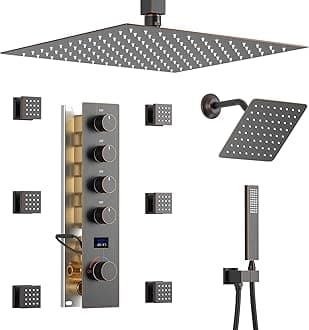 Temperature Display Oil Rubbed Bronze Shower System, Push Button Shower Faucet with Handheld Spray, Ceiling Mount 12 Inch and 8 Inch Wall Mount Shower Head, 6 PCS Body Jet