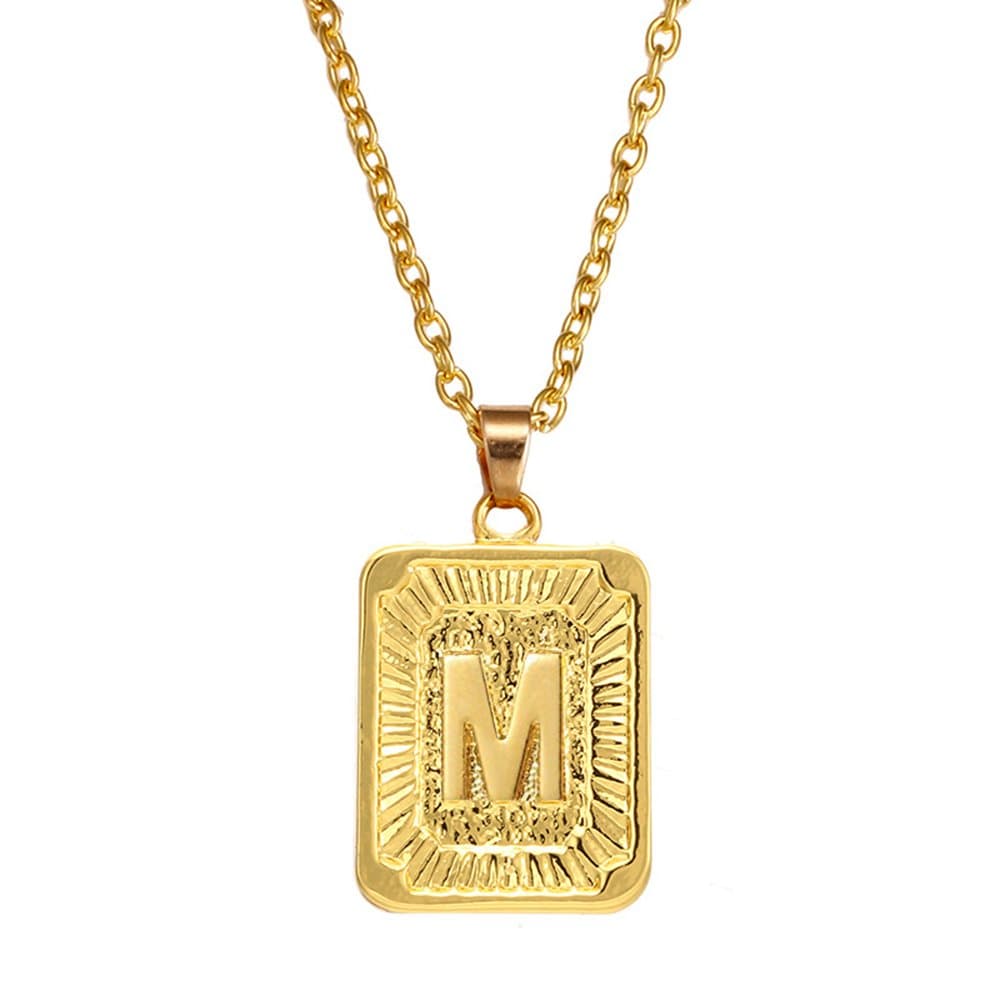 AOASK Initial Letter A-Z Square Pendant Gold Plated Charm Necklace for Women Mens Jewelry (M)
