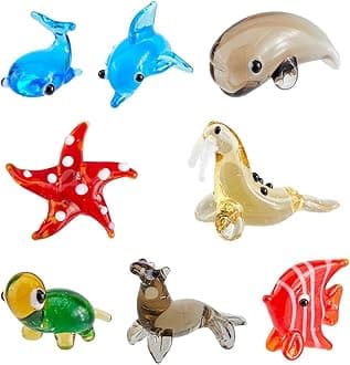 8 Styles Hand Blown Glass Figurines Miniature Animal Glass Decor Includes Whale Walrus Dolphin Butterflyfish Turtle Starfish Sea Dog Animal Figurine for Collectible Home Decor Gifts