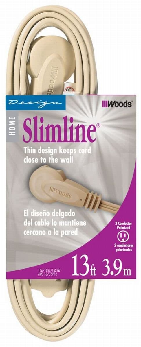 Woods Slimline 16/3 Flat Plug Extension Cord, 8ft, Beige, 2255