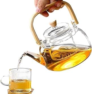 KHOLAD Glass Teapot with Infuser, Stovetop & Microwave Safe Borosilicate Kettle with Wooden Handle for Loose Leaf and Fruit Tea Kettle (Wooden Handle - 1 Liter)