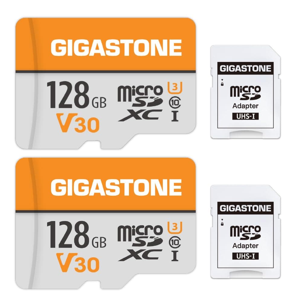 – GIGASTONE 128GB Memory Card 2 Pack Compatible with GoPro Drone Samsung Sony Tablet, High Speed for 4K UHD Video, A1 U3 C10 Micro SDXC Card with Mini Storage Box and SD Adapter