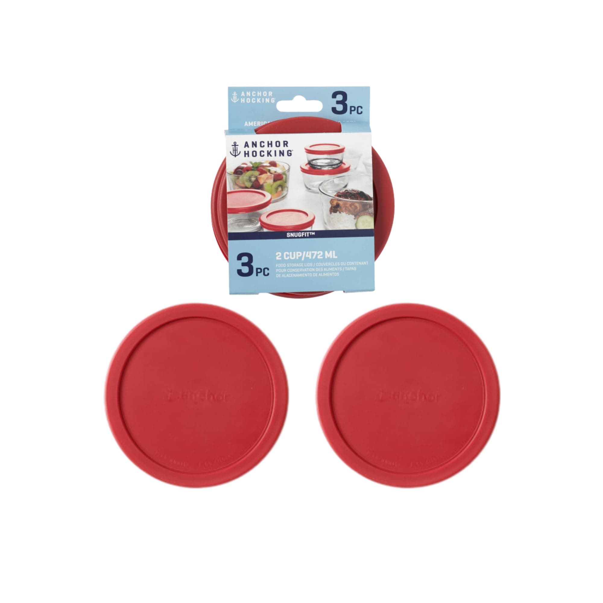 Anchor Hocking Improved 30% Stronger Replacement Lid 2 Cup / 472 ml / 0.5 qt, Set of 3 lids, red Round