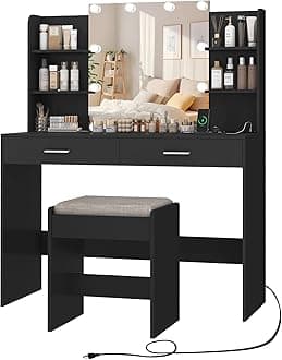 usikey Makeup Vanity Desk with Mirror & Lights, Vanity with 2 Drawers & 6 Storage Shelves, Dressing Table with Power Outlet, for Women Girls, Bedroom (Black)