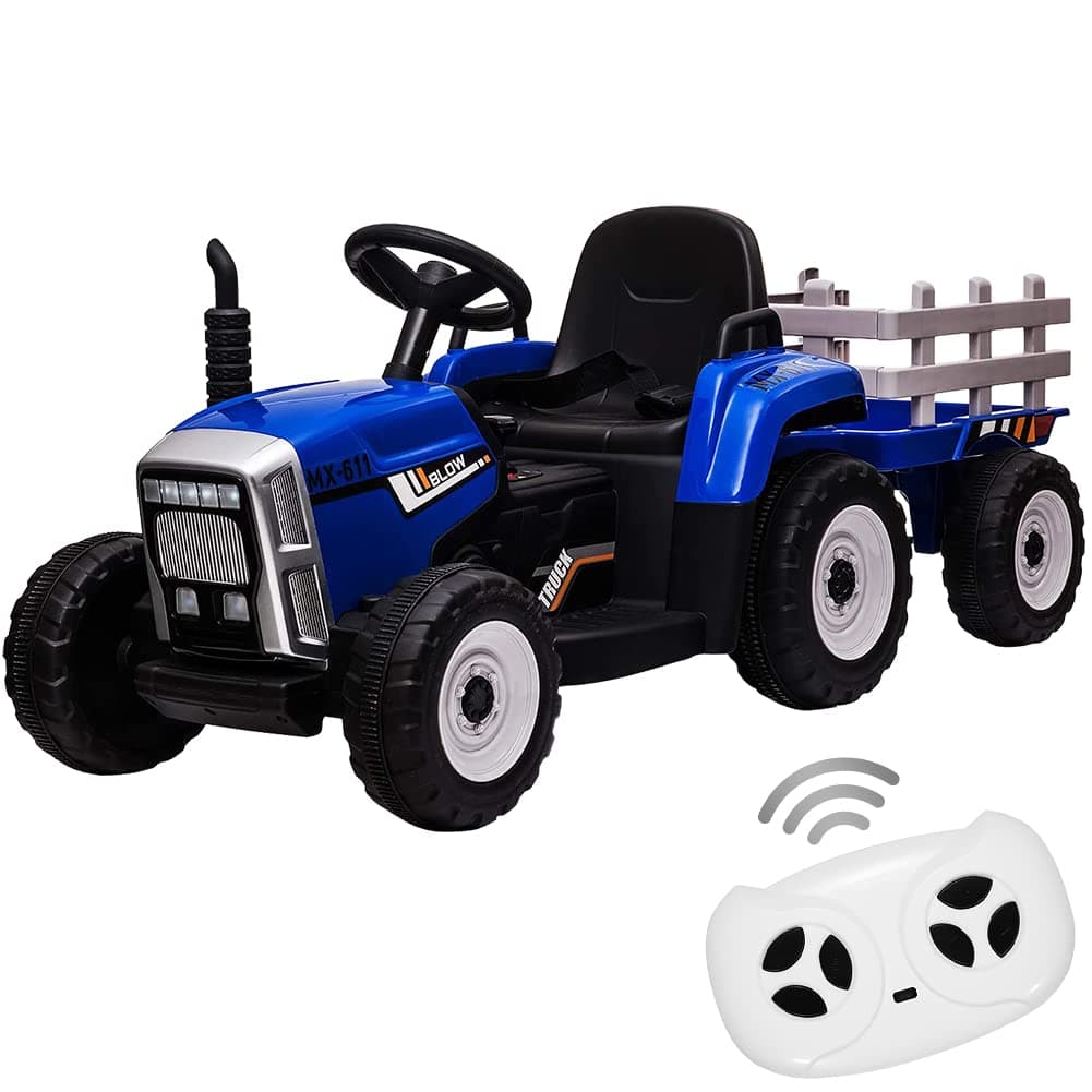 12V Kids Ride On Tractor with Trailer & Remote Control, Toddler Battery Powered Electric Car Slow Start 7LED Headlights USB Music Player 2+1 Gear Shift, Blue, 25W/Treaded Tires