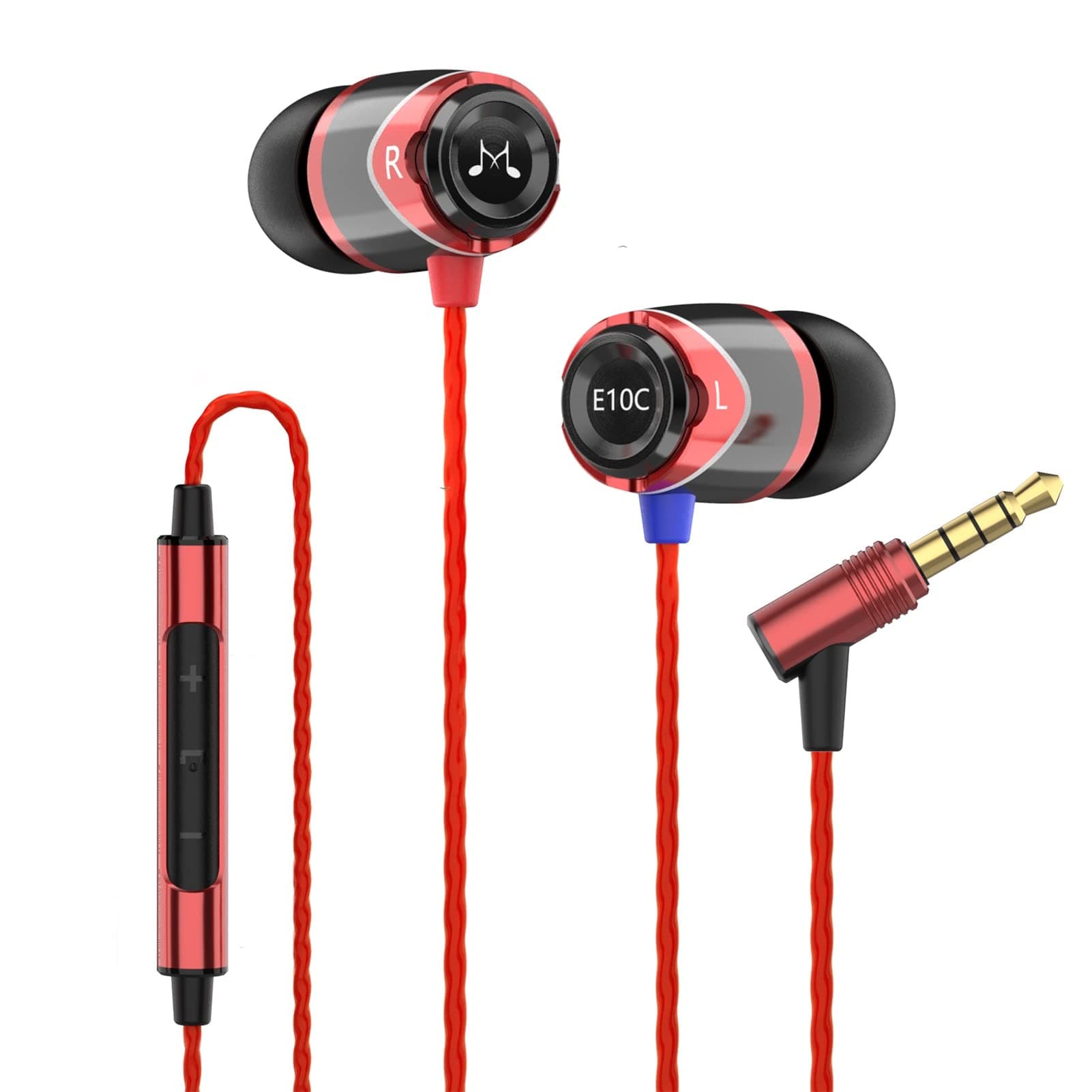 - E10C Wired Earbuds with Microphone HiFi Stereo Earphones Noise Isolating in Ear Headphones Powerful Bass Tangle Free Cord Black Red