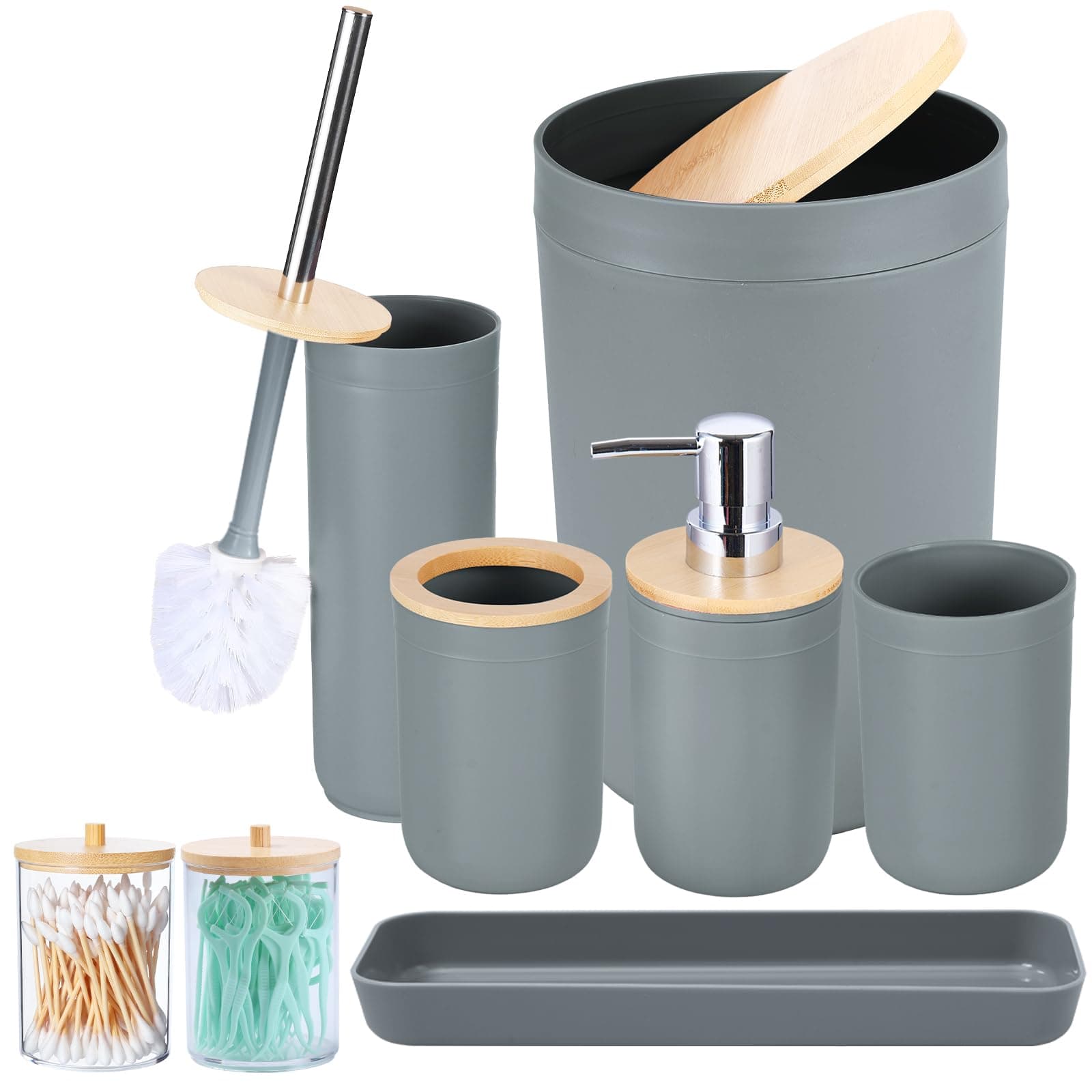 iMucci 9Pcs Grey Bathroom Accessories Set with Trash Can,Toilet Brush,Toothbrush Holder, Lotion Soap Dispenser, Soap Dish,Toothbrush Cup,Vanity Tray,Qtip Holder