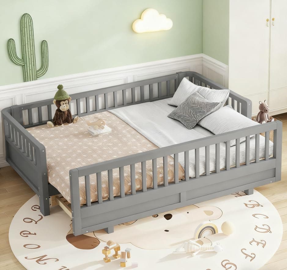 Bellemave Queen Floor Bed or Twin XL Montessori Floor beds for Kids, Twin XL Can Be Converted into a Queen Platform Bed, Gray