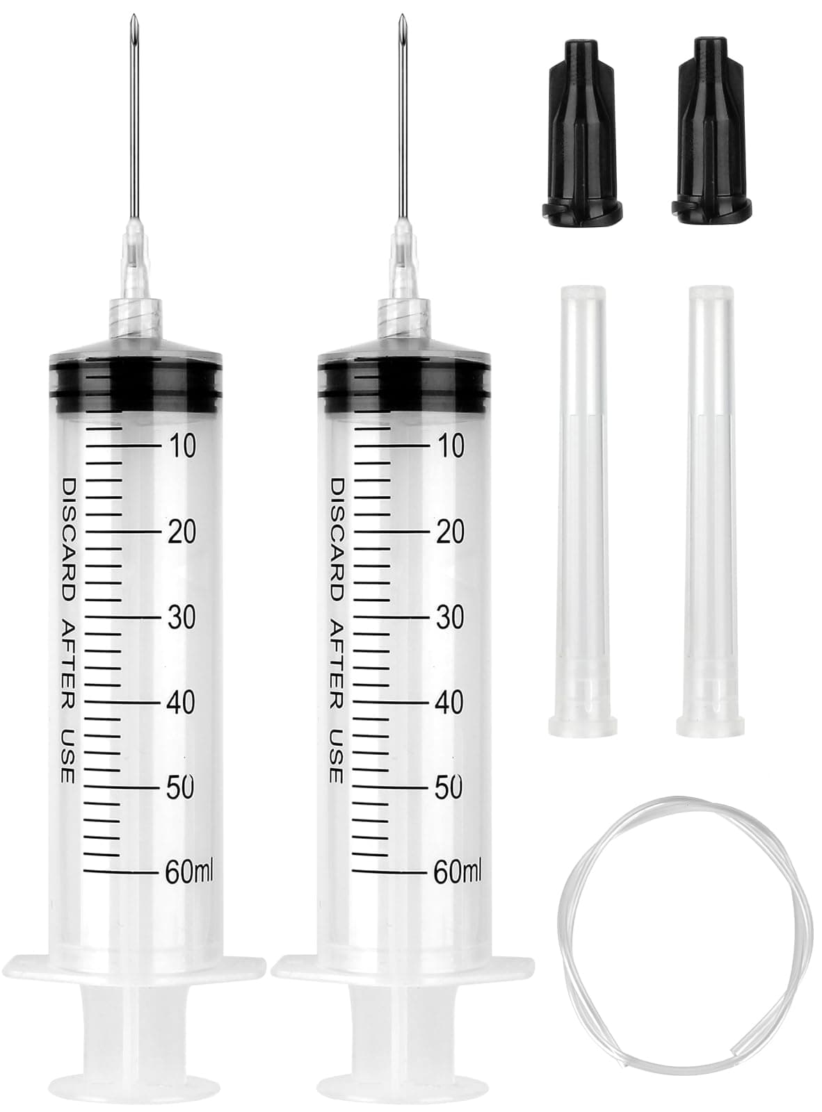 2 Pack 60ml Syringe with 55.1” Tube and Needle 16G 1.5”, Luer Lock Syringes with Cap for Fluid Suction Injector, Drawing Oil, Fluid, Water, Lab, Pets