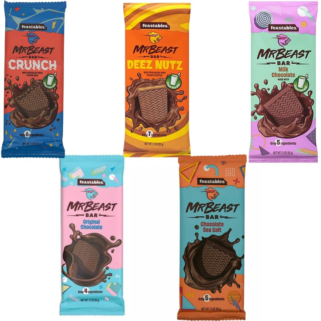 Mr Beast Chocolate Bars – NEW Deez Nuts Peanut Butter Crunch Chocolate, Milk Chocolate, Original Chocolate, Milk Chocolate, Sea Salt Chocolate Bars (5 Pack)