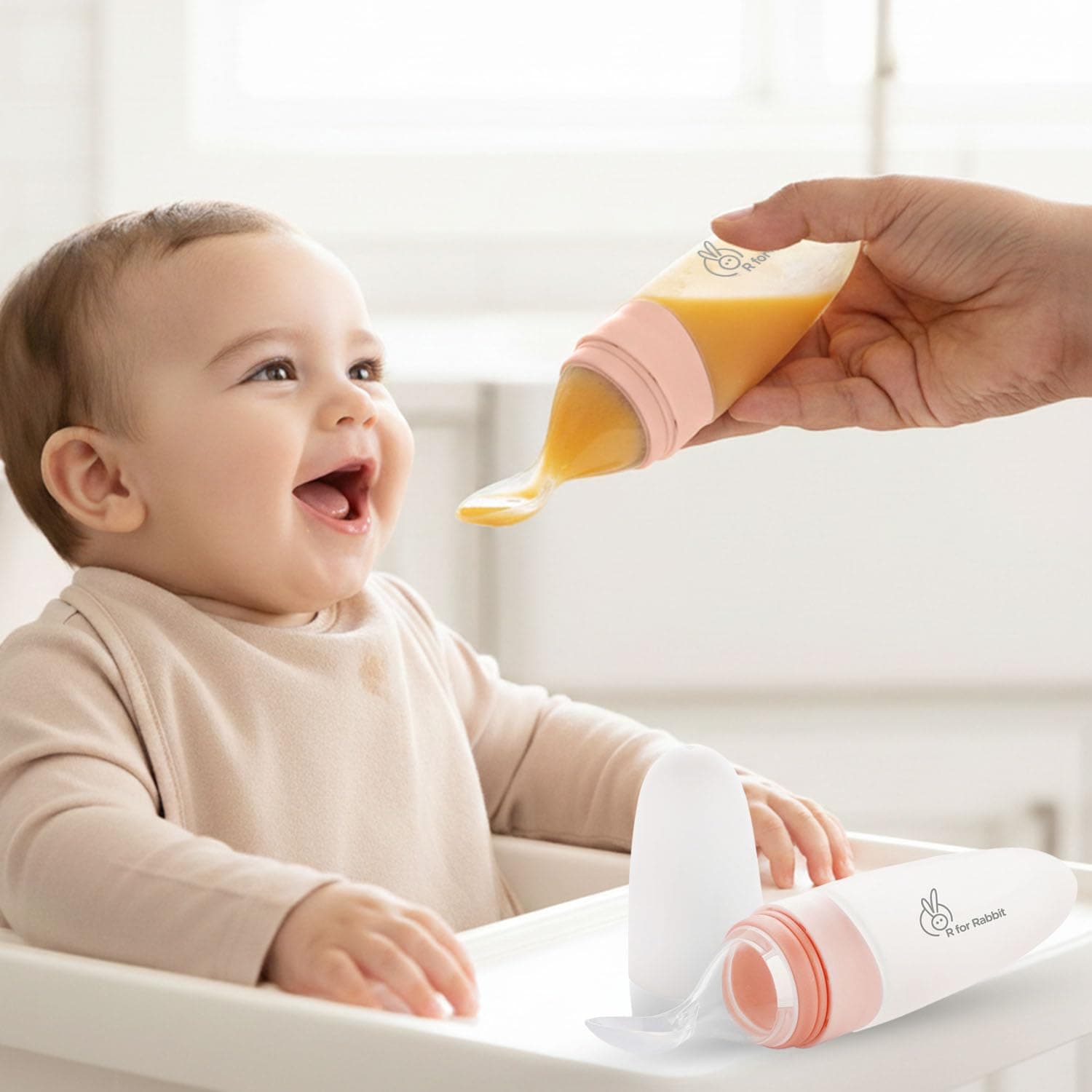 R for Rabbit First Feed Food Feeder for Kids, 90ml Capacity, Premium Soft Silicone Spoon Food Grade BPA Free Material (Pink)