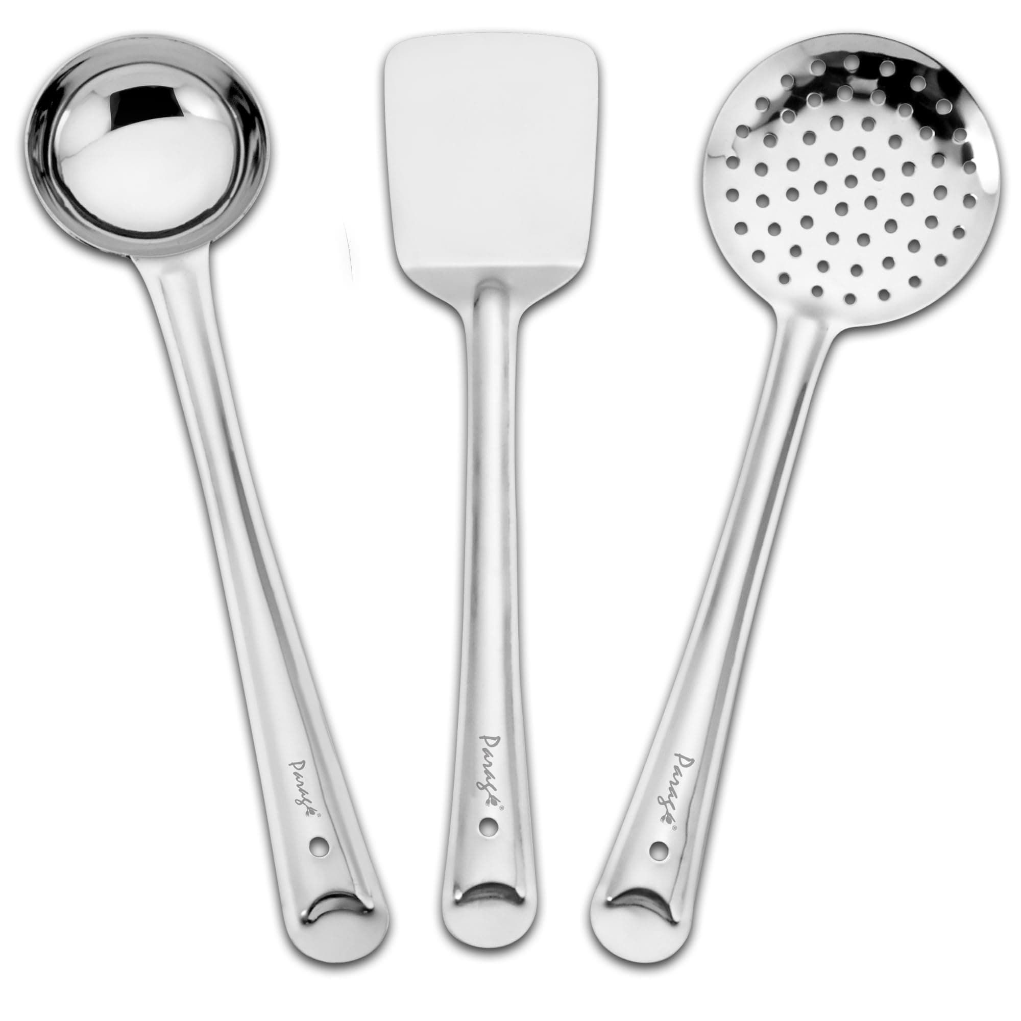 Parage 3 Pieces Stainless Steel Kitchen Tools Set for Cooking and Serving, Pack of 3 Ladle (Karachhi), Skimmer (Jhara) & Turner/Spatula (Palta) Silver, Size: 32 cms, 33.5 cms, 34.5 cms