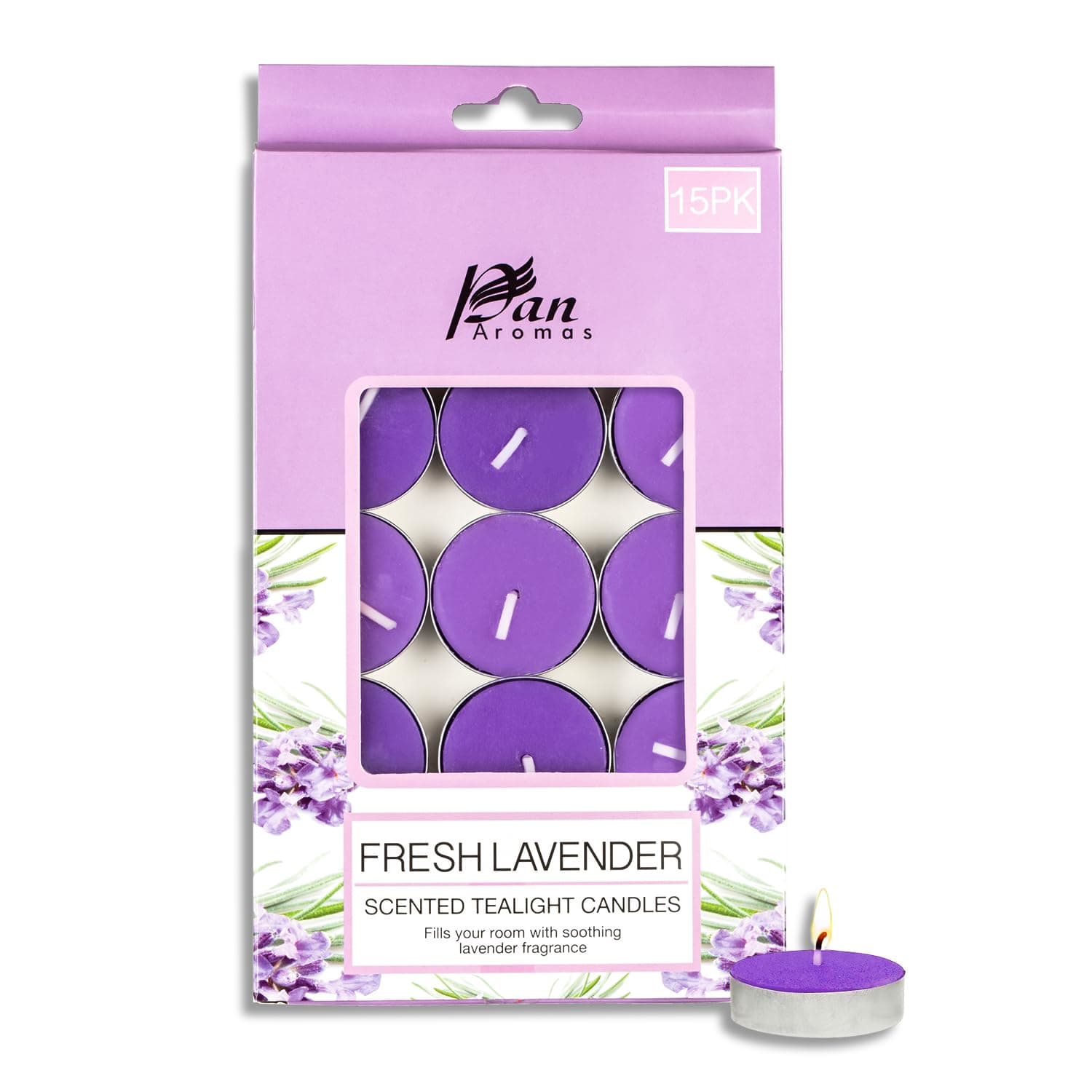 Pan Aromas Paraffin Wax 15-Pack Scented Tealight Candle - Fresh Lavender
