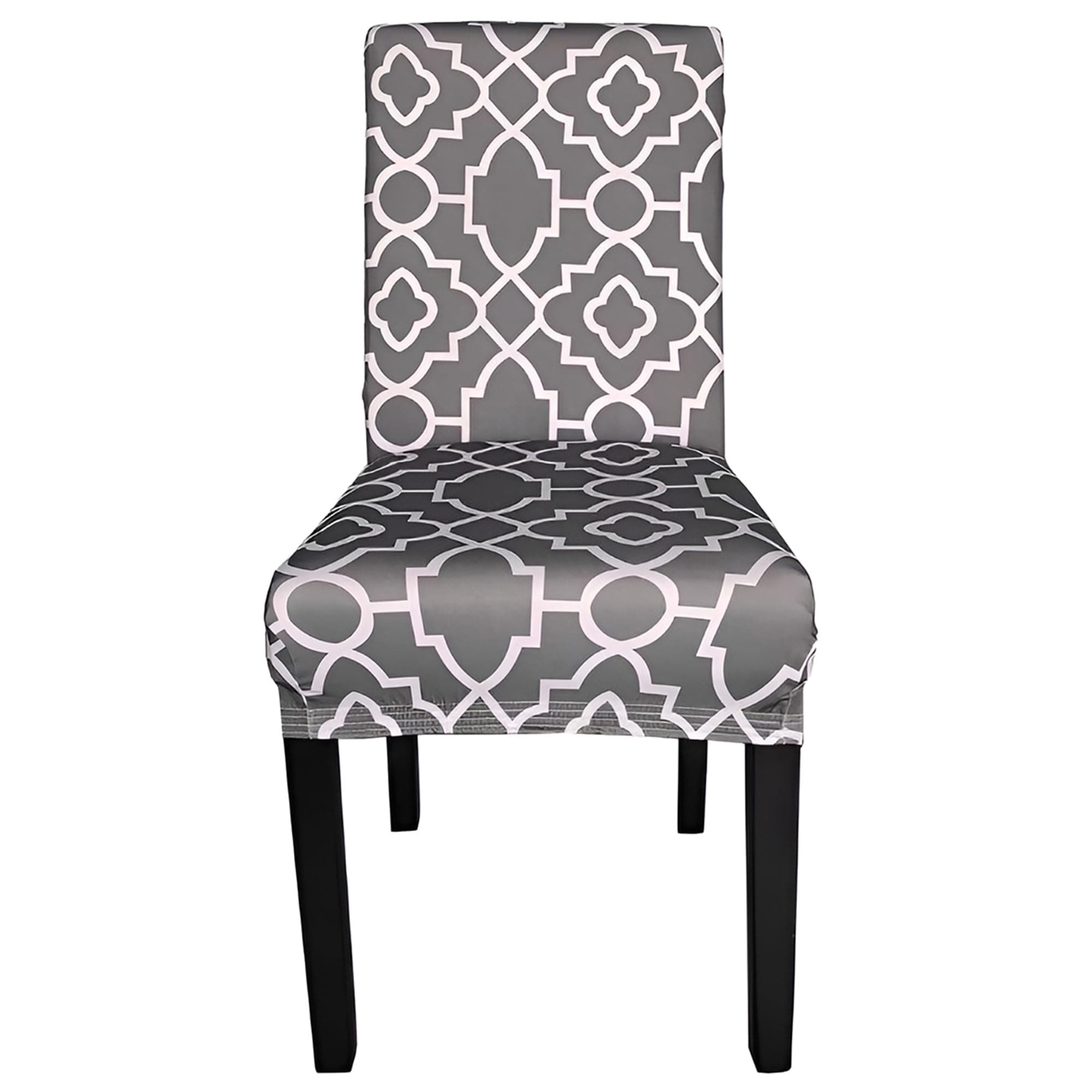Printed High-Back Chair Covers for Dining Room Chairs – Spandex Stretch, Universal Armless Chair Protective Slipcover for Kitchen, Party, Banquet & Hotel, Abstract Trellis Pattern - Grey, Pack of 1