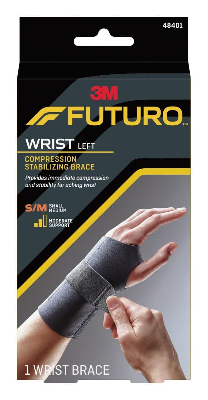 Futuro Compression Stabilizing Wrist Brace Left Hand S/M size, 1 unit/pack | Dark Grey color | 48401ENR | Provides immediate compression and stability for aching wrist | Wrist support