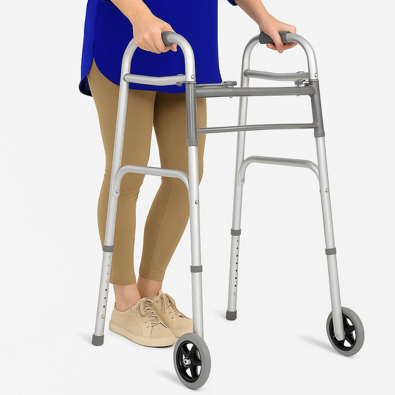 Vive Folding Walker for Seniors - Sturdy Steel Foldable Frame for Adults - Standard Walker with 5” Front Wheels and 2 Rear Ski Glides - Supports up to 300lbs, Adjustable Height