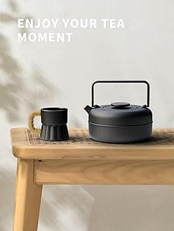 Toptier Teapot with Removable Infuser, Cast Iron Tea Kettle Stovetop Safe, Solid Geometry Cylinder Design Tea Pot Coated with Enameled Interior for 27 Ounce (800 ml), Black