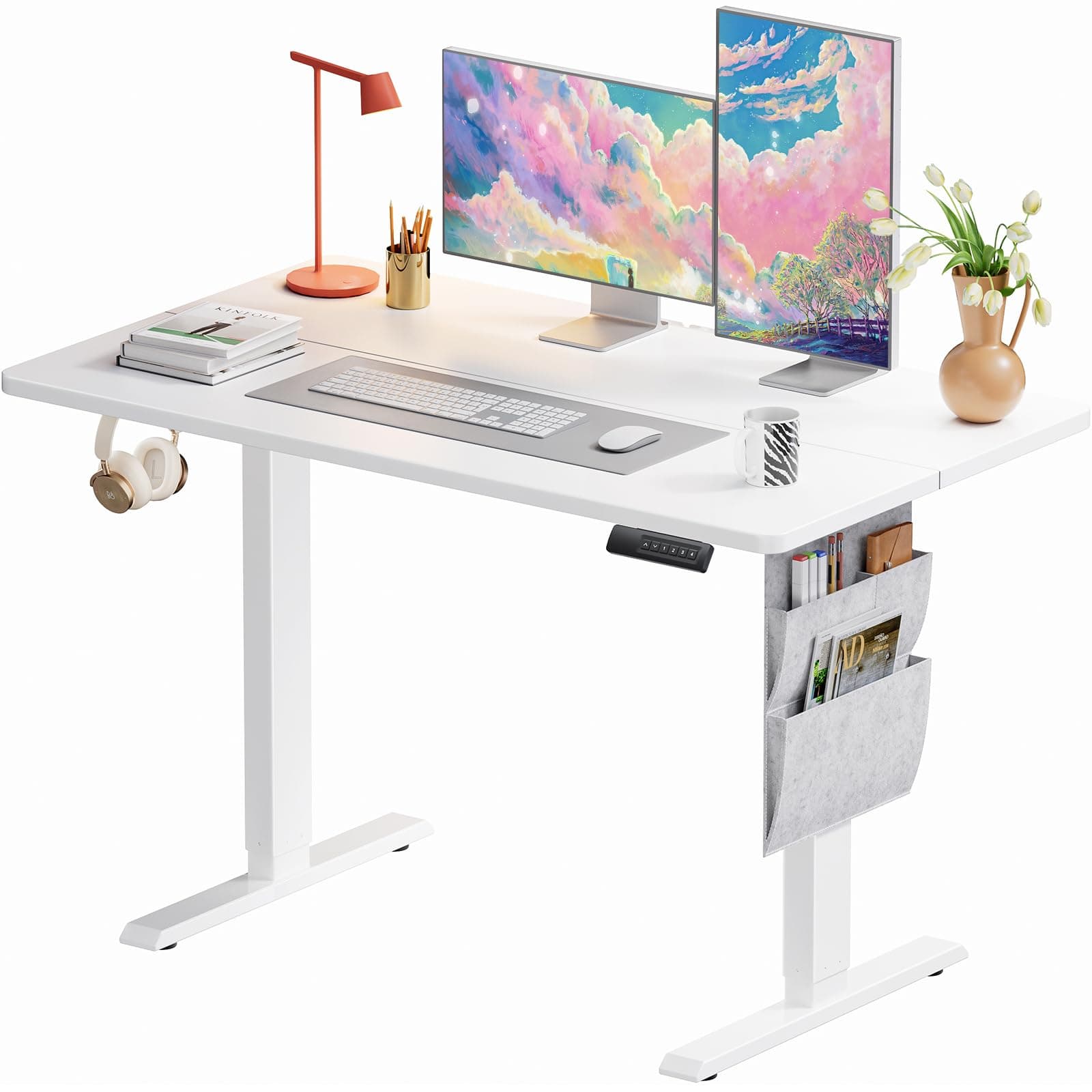 Marsail Standing Desk Adjustable Height,48"*28" Electric Standing White Deskwith Storage Bag,Sit Stand up Deskfor Home Office Writing Computer Table,4 Memory Preset with Headphone Hook,Cable Manager