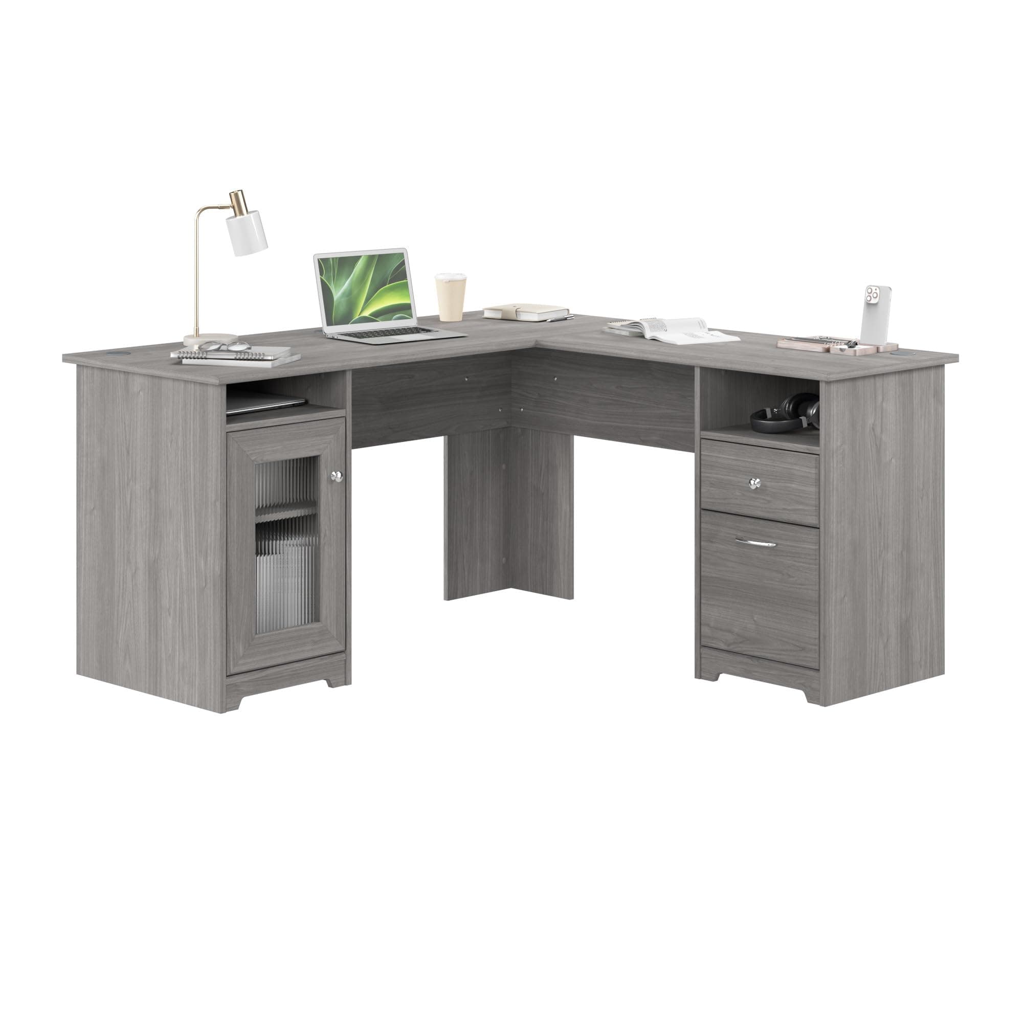 Bush Home Cabot 60W L Shaped Computer Desk with Storage in Modern Gray, 60-inch Corner Table with Drawers for Home Office Workspace