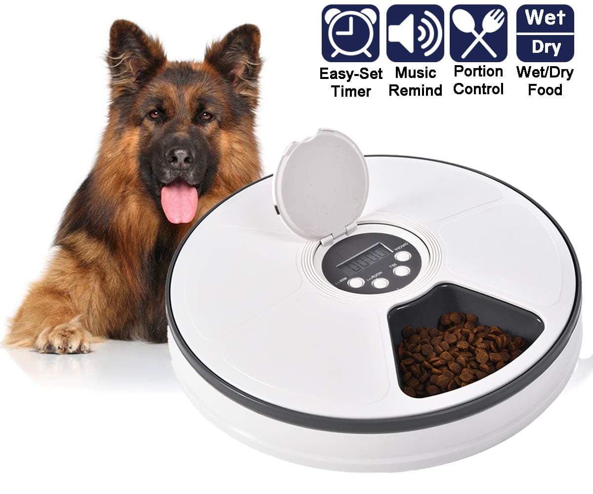 Ancaixin Automatic Timed Cat Dog Feeder with Digital Timer and Music, Electric Pet Self Portion Control Dispenser for Small Medium Large Puppy Kitten, Suits Dry and Wet Food, 6-Meal
