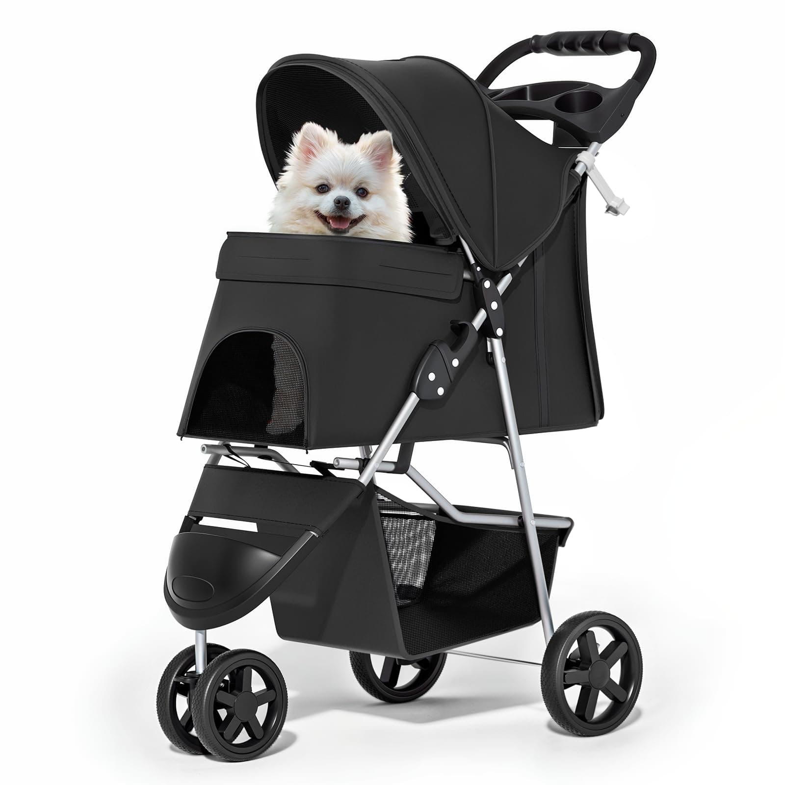 MoNiBloom Foldable Pet Stroller with Weather Cover, 3 Wheels Pet Strolling Cart for Small/Medium Dogs and Cats with Storage Basket and Cup Holder, Breathable and Visible Mesh for All-Season, Black