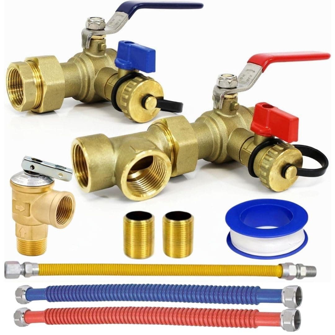3/4 Inch IPS Female Threaded Complete Tankless Water Heater Valve Kit with Pressure Relief Valve Water and Gas Connectors - Compatible with Most Tankless Water Heater Brands