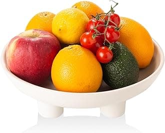 Ceramic Fruit Bowl for Kitchen Counter, 10" Large Decorative Bowl for Home Decor, Modern Pedestal Bowl with Four-Legs, Fruit Holder for Breads and Vegetable, Matte Cream