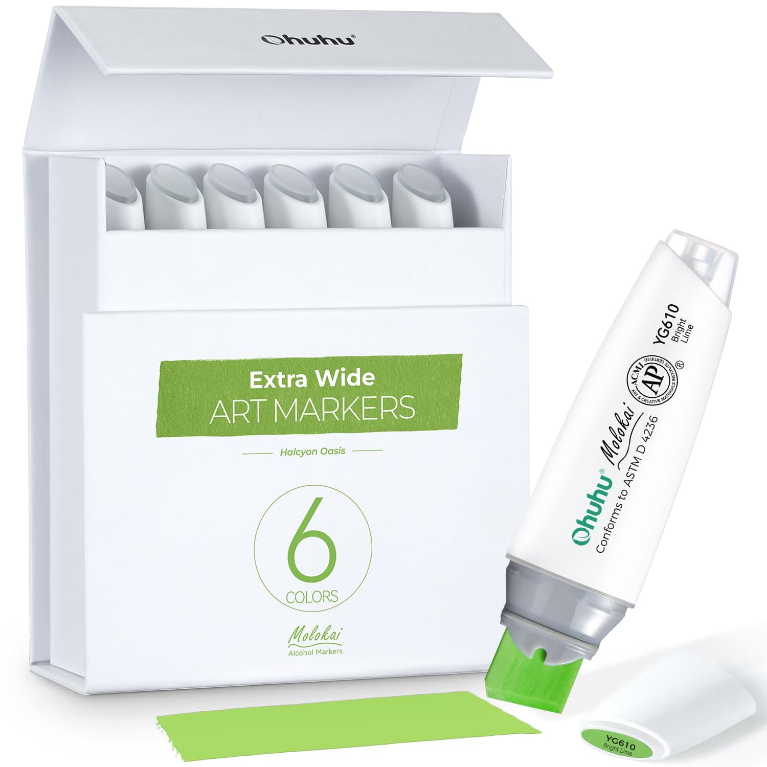 Alcohol Markers Extra Wide Broad Tip - Refillable Ink- 6 Colors of Halcyon Oasis - 1-19mm Nib Calligraphy Markers for Background Poster Design Renderings Large Areas Coloring Molokai