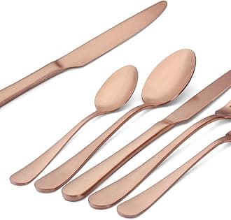 sharecook Matte Rose Gold Silverware Set, Satin Finish 20-Piece Stainless Steel Flatware Set with Round Edge,Kitchen Utensil Set Service for 4, Dishwasher Safe