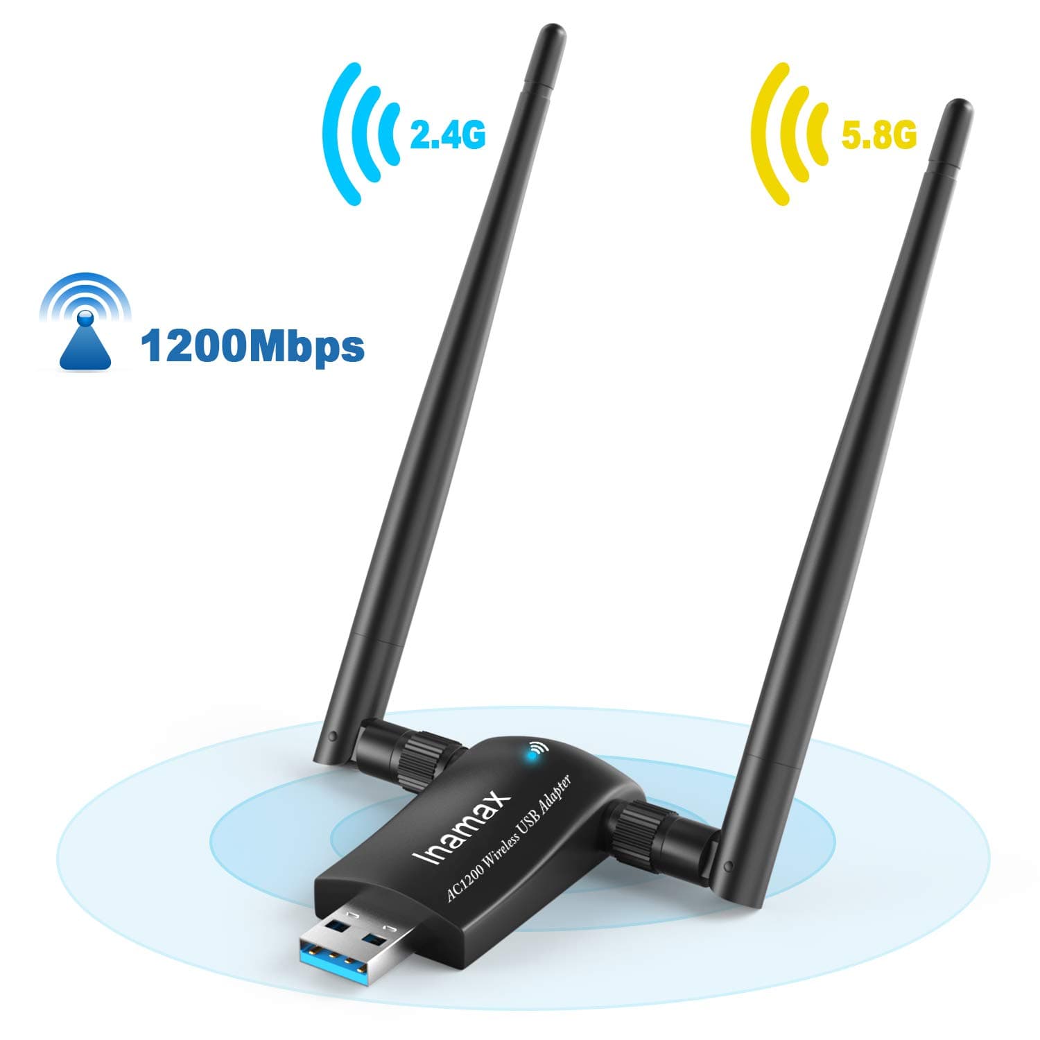 USB WiFi Adapter, Inamax 1200Mbps Wireless Network WiFi Dongle with USB3.0 High Gain Dual Antennas for Desktop Laptop PC Mac,Dual Band 2.4G/5G 802.11ac,Support Windows 10/8/8.1/7/Vista/XP,MacOS10.5-15