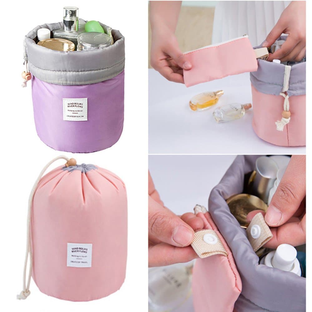 Q Dream Large Capacity Barrel Shaped Nylon Wash Organizer Storage Cylindrical Travel Dresser Pouch Travel Cosmetic Makeup Bag