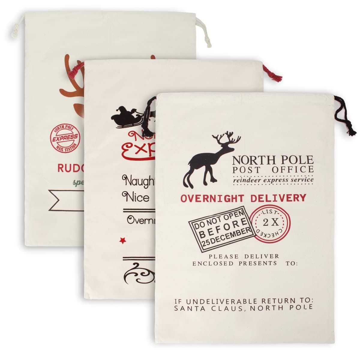 hantajanss Christmas Drawstring Bag Sika Deer Pattern Design Santa Claus Gift Present Canvas Sack Set of 3 27"X19"