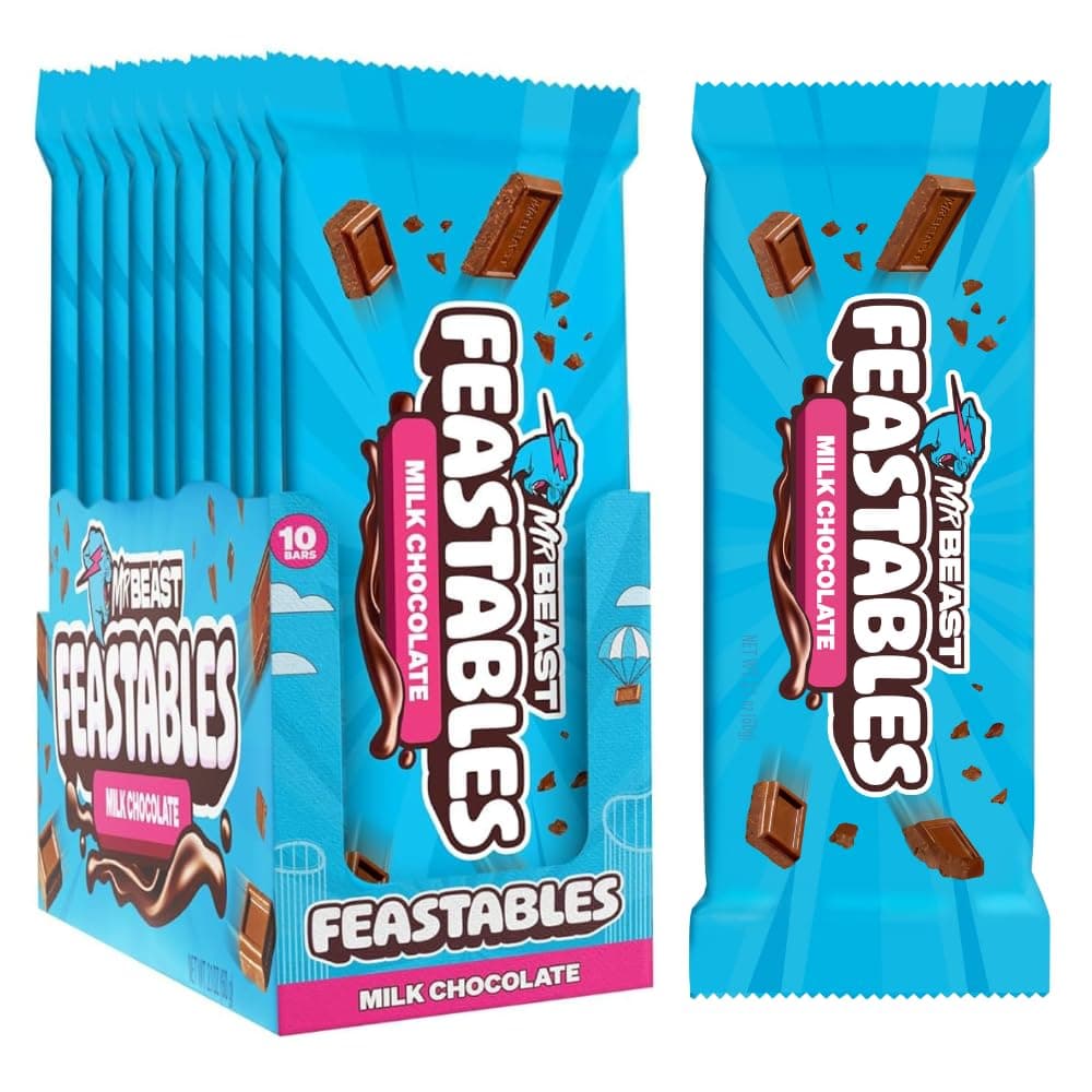 MrBeast Feastables Milk Chocolate Bar, King Size, 10 Count, Creamy Milk Chocolate Candy, Fairtrade Cocoa, 2.1oz Each