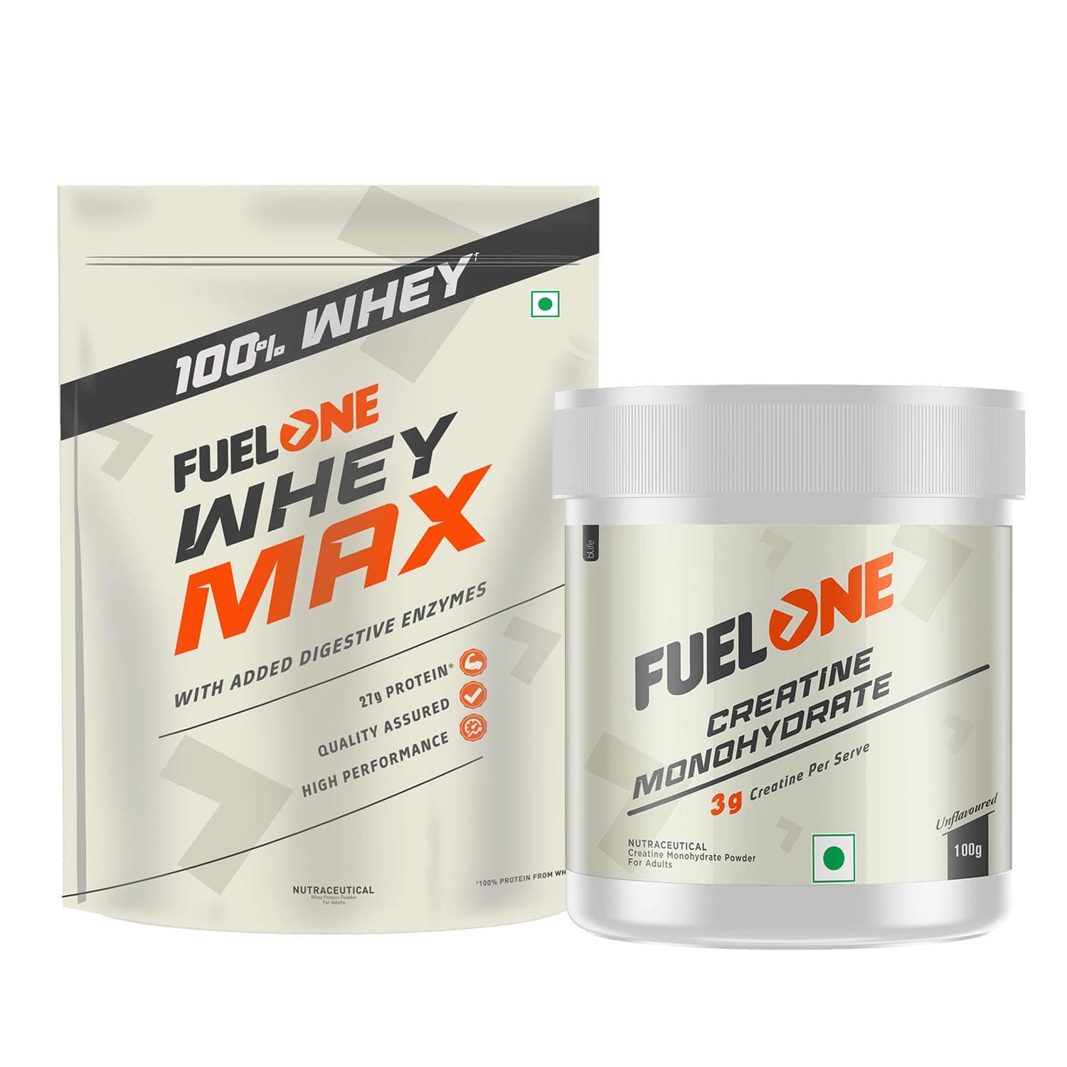 FUELONE Whey Max, Whey Protein Concentrate & Whey Protein Isolate, 27G Protein (Mango, 1Kg / 2.2Lb) & Creatine Monohydrate 100G (Unflavoured, 33 Servings)