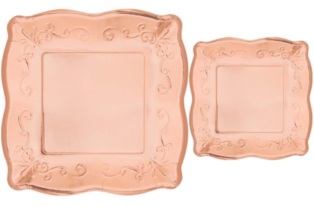 Scalloped Embossed Square Premium Paper Plates: Bundle Includes Dinner Plates and Dessert Plates for 8 Guests (Rose Gold)