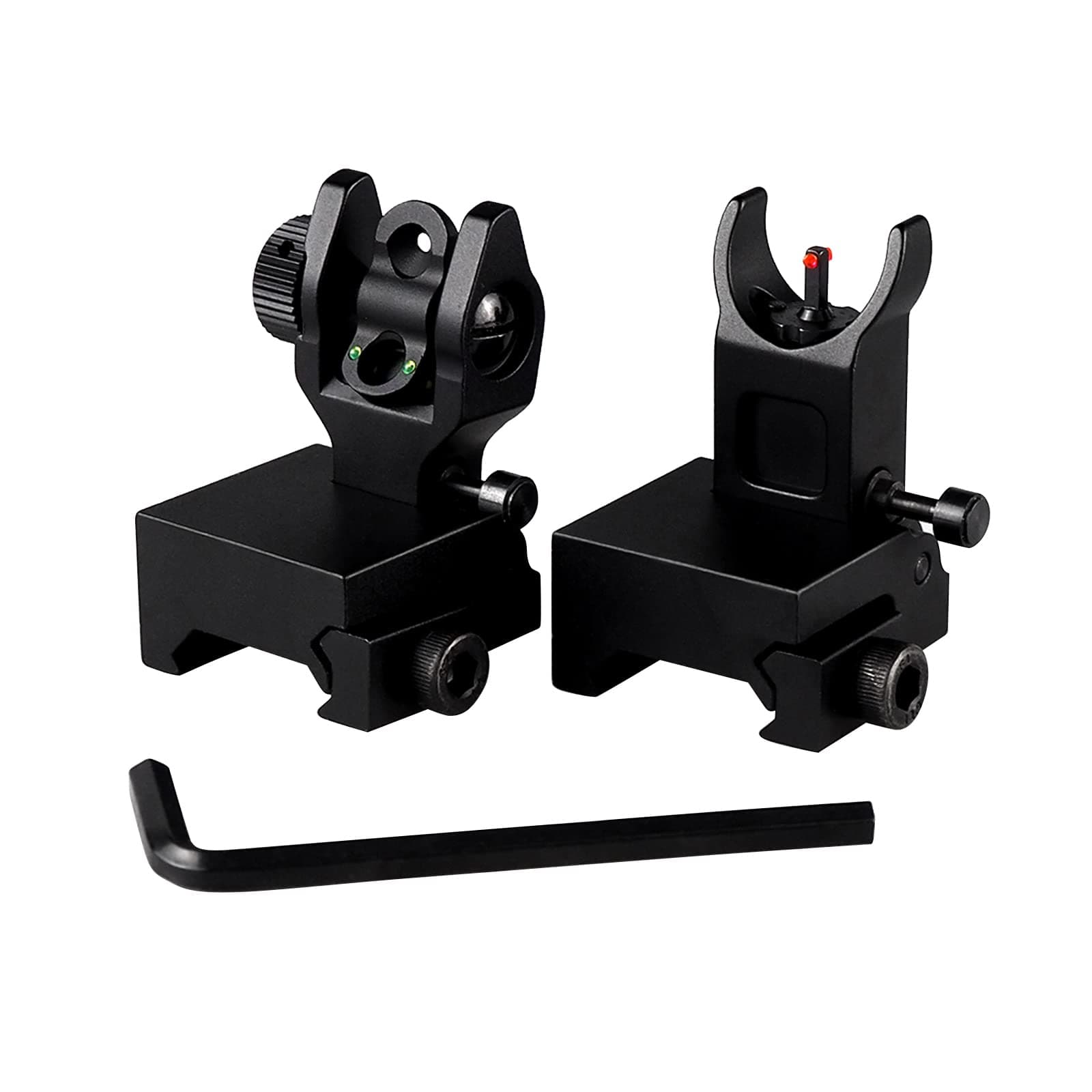 Flip Up Iron Sight Fiber Optic Front Rear Sight Compatible for Picatinny Rail and Weaver Rail of Rifle, Foldable Sights