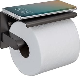 MyGift Modern Toilet Paper Holder with Shelf, Wall Mounted Luxury Hotel Series Sleek Stainless Steel Gunmetal Gray Toilet Roll Dispenser
