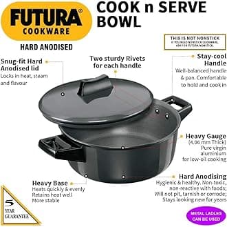 Hawkins Futura Hard Anodised Aluminum Cook-n-Serve Bowl with Hard Anodised Lid,Capacity (2lt-3lt-4lt) -3 pcs Set