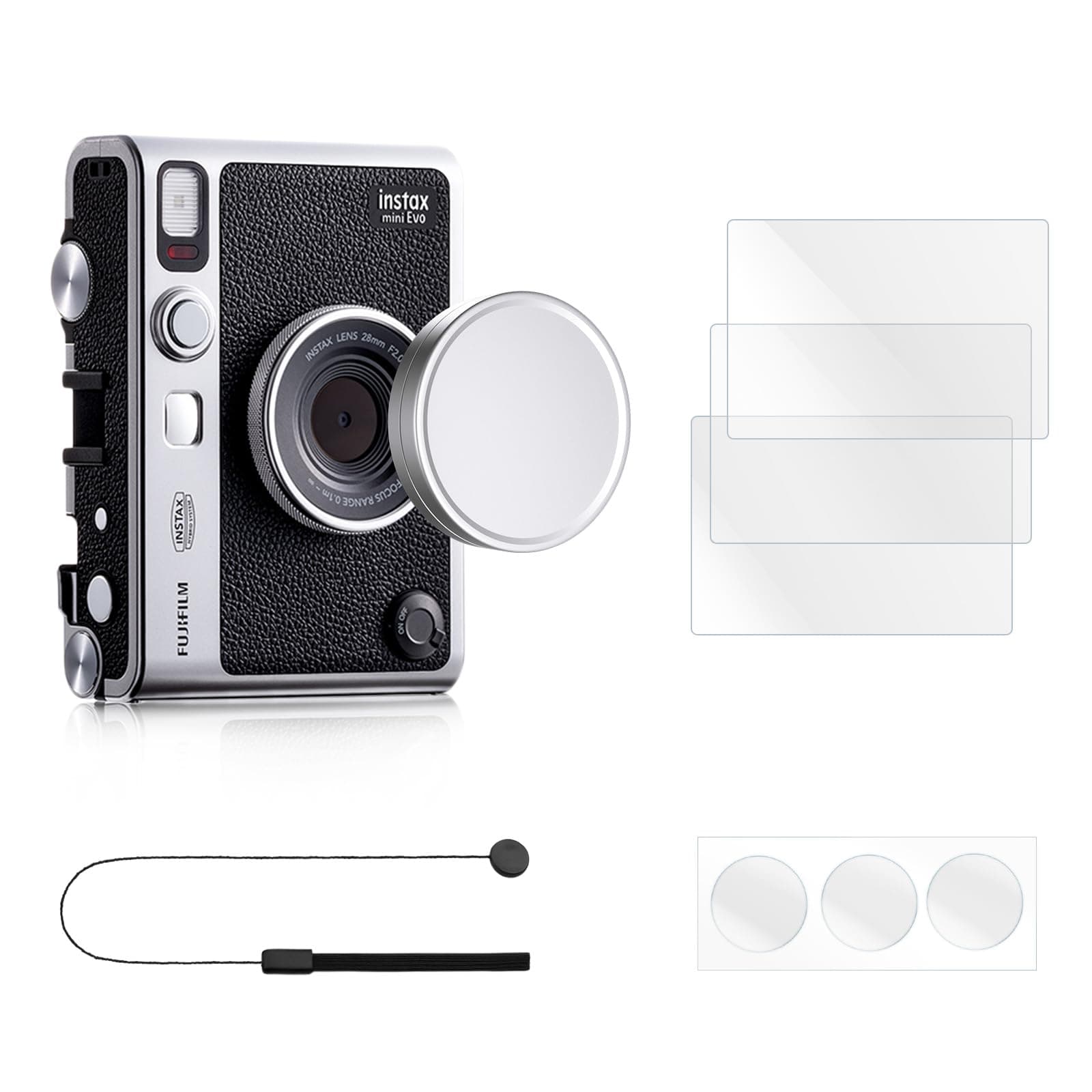 Lens Cap & Screen Protector for Fujifilm Instax Mini EVO, Accessories for Fuji Instax Mini Evo Lens Cover with Anti-Loss String & LCD Screen Protector + Lens PET Flim