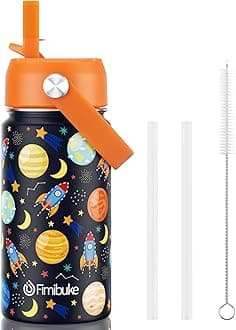 Kids Insulated Water Bottle, 14oz BPA FREE 18/8 Stainless Steel Travel Tumbler Double Wall Vacuum Leak Proof Kids Cup with Straw Metal Water Bottle for School Boys Girls(1 Pack, Space)