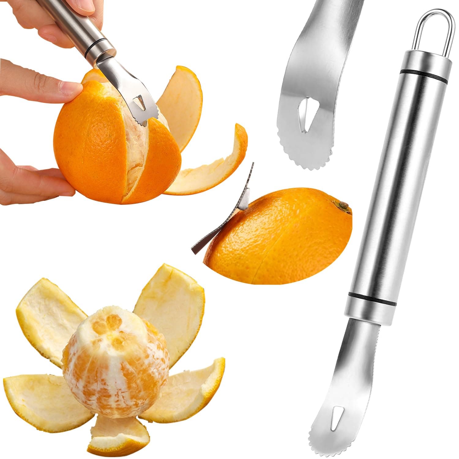 Stainless Steel Orange Peeler Easy and Quick Peeling Long Handle Orange Citrus Peeler Tool Triangle Shovel and Serrated Shovel Orange Peeler Creative Kitchen Gadgets