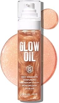 Body Glow Oil, Broad Spectrum SPF 50, Glitter Shimmer Sunscreen Body Oil Lotion with Sequin Mica, Lightweight Non-Sticky Moisturizer with Coconut, Skin Illuminator Glowing Results (02# Rose Gold)